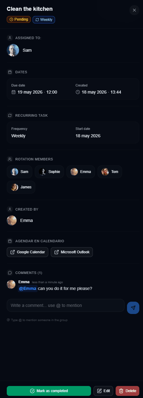 Groupio task details with comments and mentions
