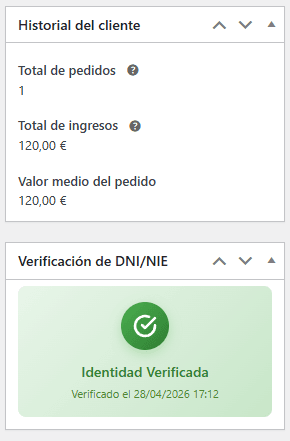 WooCommerce order page showing DNI verification meta box with Verify / Reject actions